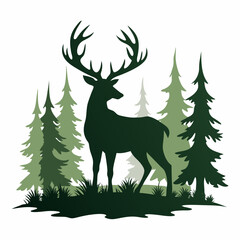Silhouette of a deer with antlers standing in a forest with mountains in the background.