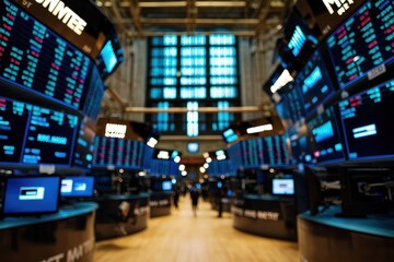 A bustling stock exchange with multiple screens displaying market data, traders moving about, and a modern, vibrant trading floor atmosphere.