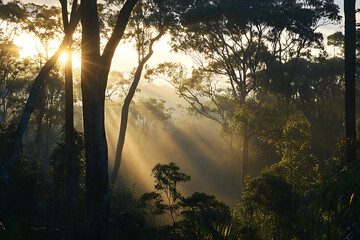 Serene Forest at Sunrise with Golden Light Filtering Through the Trees.