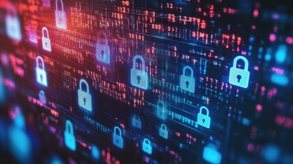 Futuristic cyber security interface minimalist design glowing neon elements digital locks binary codes modern HUD clean layout dark background