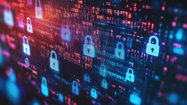 Futuristic cyber security interface minimalist design glowing neon elements digital locks binary codes modern HUD clean layout dark background