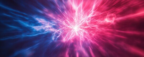 A vibrant explosion of pink and blue light radiates outward, creating a dynamic, energetic atmosphere filled with movement and visual impact.