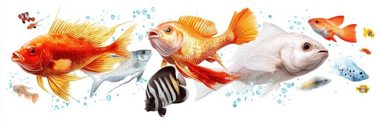 Fototapeta premium A collection of stunning marine fish and a shark on a white isolated background, including angelfish, butterfly fish, wrasse, and snapper