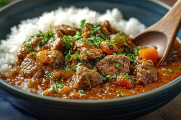 A bowl of beef stew with rice and carrots
