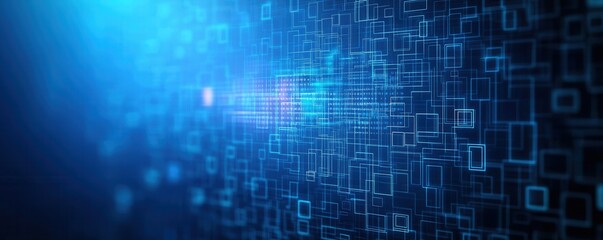 A futuristic digital background featuring glowing blue grids and binary patterns.