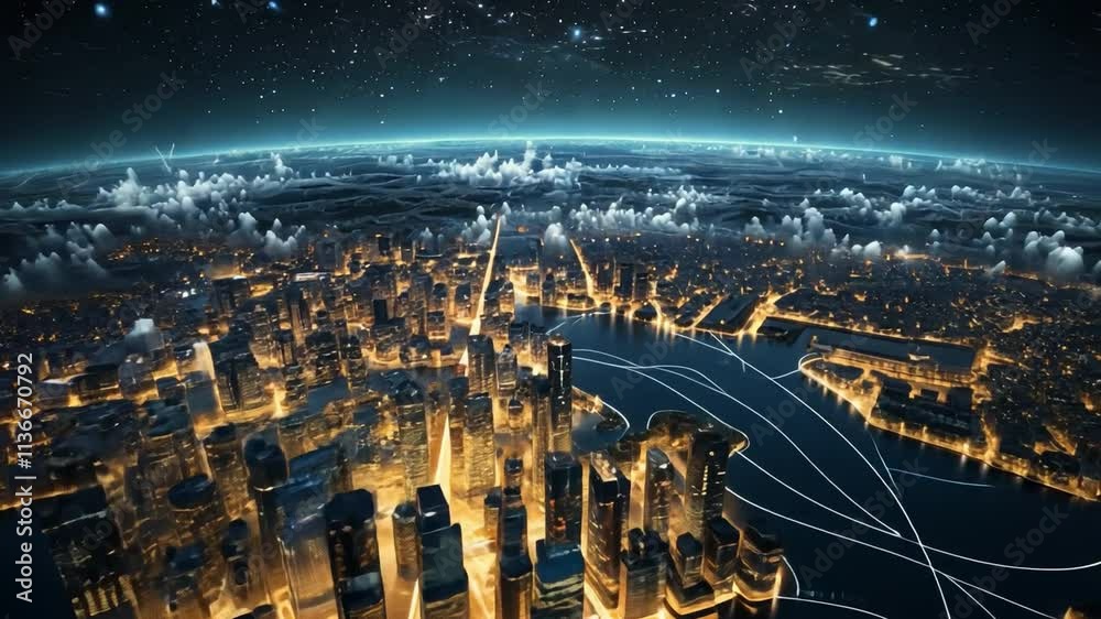 Aufkleber global network: a breathtaking, futuristic cityscape at night, illuminated with countless lights and
