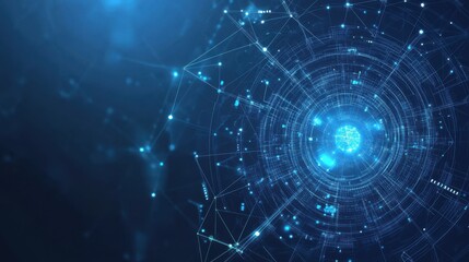 Fototapeta premium A vibrant, abstract blue digital background featuring interconnected nodes and glowing elements, evoking themes of technology and data networks.