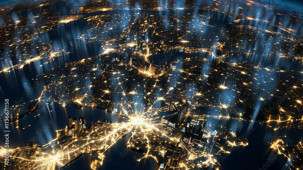 Aufkleber global network at night: a mesmerizing aerial view of a sprawling metropolis illuminated at night, s