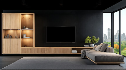 Modern Living Room: A sleek and stylish living room with a minimalist aesthetic, featuring a black wall with a large TV, a wooden entertainment center, and a comfortable brown sofa.