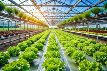 Vibrant Hydroponic Lettuce Farming in a Greenhouse Setting, Showcasing Organic Vegetable Cultivation Techniques in Thailand with Tilt-Shift Photography Effects