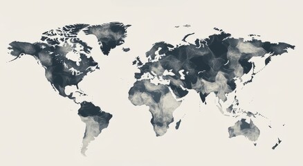 A stylized watercolor world map featuring dark hues on a light background, ideal for educational or decorative use.