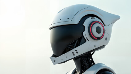 An Artistic Rendering of a Cutting-Edge Futuristic Helmet with Unique Decorations Against a Soft White Background