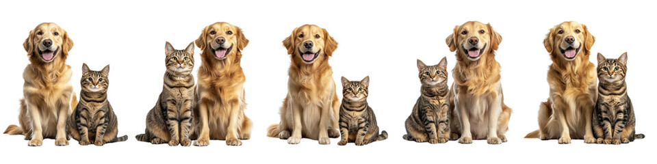 A Set of Happy Golden Retriever and Playful Tabby Cat Isolated on Transparent Background