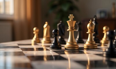 Golden Chess King and Pawn in a Strategic Game