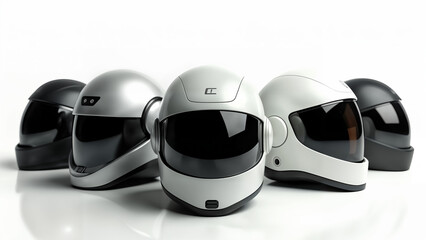 A Stunning Collection of Various Futuristic Helmets Showcased Artistically on a Flawless White Background to Highlight Their Unique Features