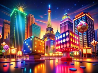 Vibrant Low Light Illustration of Las Vegas Casino Scene with Bright Neon Lights, Symbolic Signboards, Dice, and a Playful City of Sins Atmosphere for Travel Enthusiasts