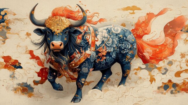 A dynamic illustration featuring a beautifully adorned ox embodies the spirit of the Lunar New Year
