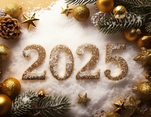 Christmas new year eve celebration setting with golden 2025 numbers in the center covered in pure flat snow and christmas balls, cones and stars