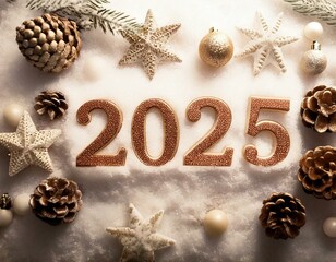 Christmas new year eve celebration setting with golden 2025 numbers in the center covered in pure flat snow and christmas balls, cones and stars