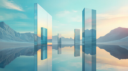 Surreal landscape mirrored rectangular shapes with reflection in water 3d render futuristic fantasy picture travel to the future illustration wallpaper poster generative ai. Mirrored. Illustration