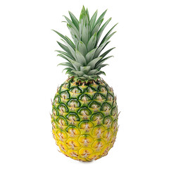Fototapeta premium A ripe pineapple with spiky green leaves and vibrant yellow skin sits against a plain white background, showcasing its tropical and juicy appeal.