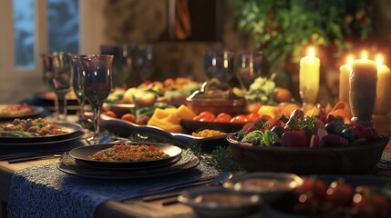 Tabletop scene featuring an inviting spread of food, arranged neatly with vibrant dishes and elegant presentation, creating a cozy, warm atmosphere in a well-lit dining area.