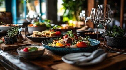 Tabletop scene featuring an inviting spread of food, arranged neatly with vibrant dishes and elegant presentation, creating a cozy, warm atmosphere in a well-lit dining area.