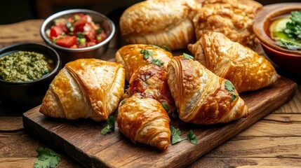 Empanadas, samosas, and stuffed croissants, featuring savory and sweet fillings, presented on rustic wooden boards with dipping sauces