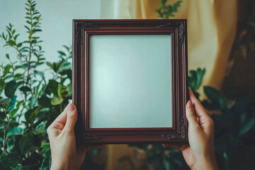 The girl holds a frame with a white background, for backgrounds. for advertising. for business.