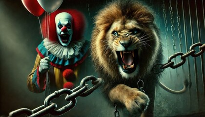 portrait of a lion on chain with clown in circus content created with generative AI software.