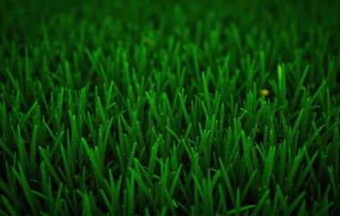 Fototapeta premium Close-up of dense green grass on a soccer stadium. Sports, freshness, and quality turf concept. Ideal for sports promotions, eco-projects, and design backgrounds