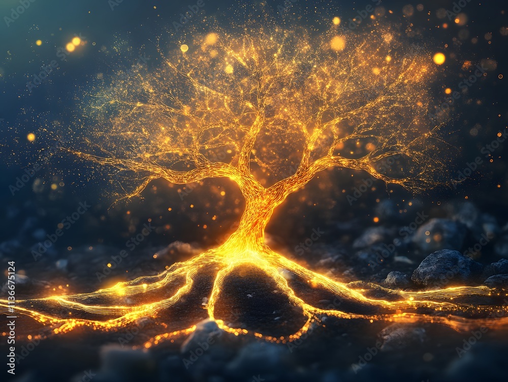 Aufkleber Enchanting Glowing Tree with Illuminated Roots Surrounded by Mystical Atmosphere and Soft Bokeh Effects for Nature or Fantasy Themed Projects