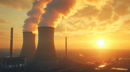 Obraz premium Industrial power plant towers emit smoke against a vibrant sunset, highlighting environmental impacts. The sun's orange glow contrasts dramatically with the pollution.