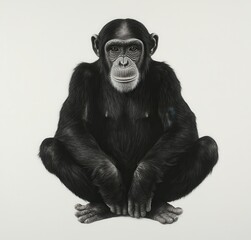 Naklejka premium A 5-year-old young chimpanzee, Simia troglodytes, is seated in front of a white background