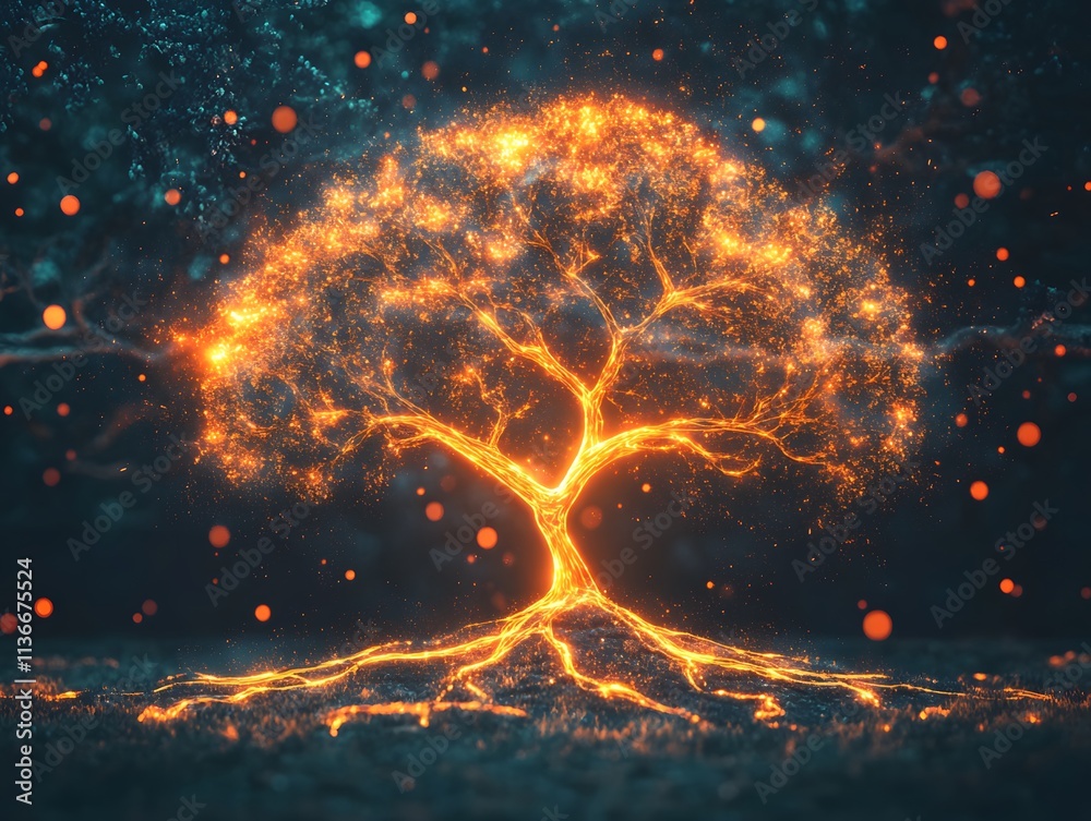 Poster Glowing Celestial Tree with Fiery Roots and Magical Particles in a Mystical Forest Setting, Evoking Emotion and Captivating Imagination of Nature's Beauty