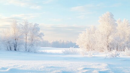 Obraz premium A serene winter landscape with fresh snow covering the ground, creating a pristine white scene under a pale blue sky