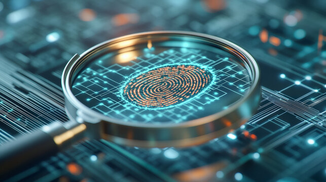 A magnifying glass focuses on a digital fingerprint overlaid on a circuit board, symbolizing cybersecurity and digital identity verification in technology.