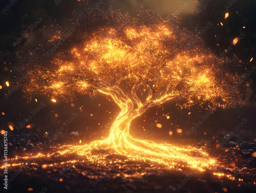 Poster glowing tree of light surrounded by sparks and warmth, illuminating the dark forest with ethereal be