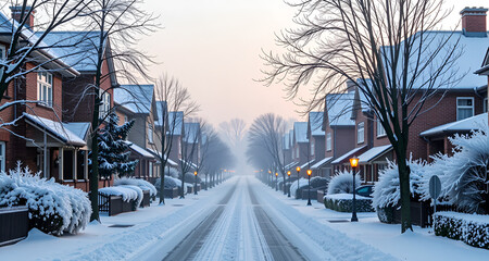 Snowy residential street with charming houses and foggy atmosphere during winter