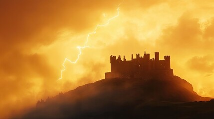 Dramatic silhouette of a castle on a hilltop during a stormy sunset with lightning.