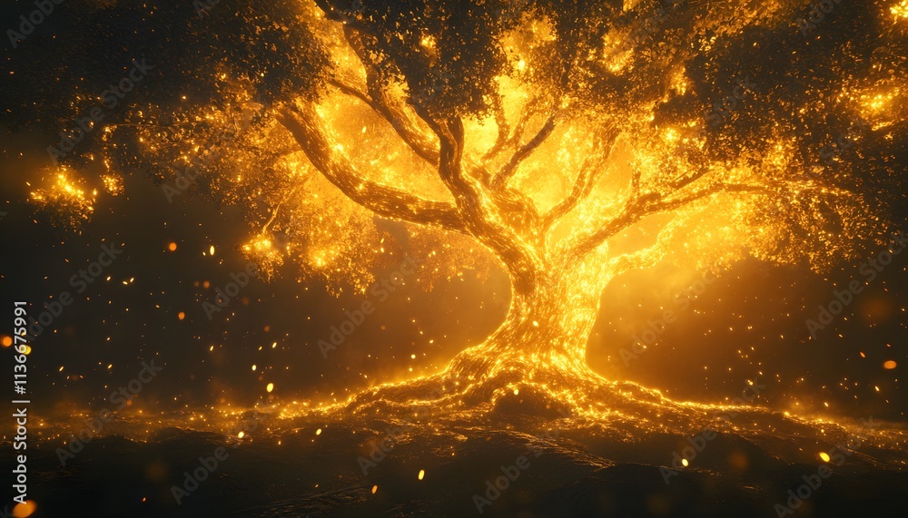 Poster glowing enchanted tree surrounded by magical light in a mystical forest, evoking feelings of wonder,