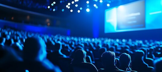 A high-angle view of a business conference with a large screen displaying key points, set in a modern convention center