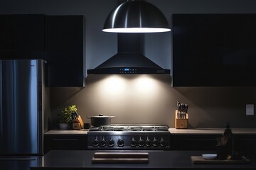 Modern kitchen featuring a sleek silver and black stove, illuminated by a stylish pendant light hanging from the ceiling, creating a chic and inviting cooking space.