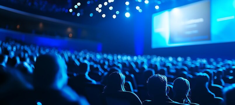 A high-angle view of a business conference with a large screen displaying key points, set in a modern convention center