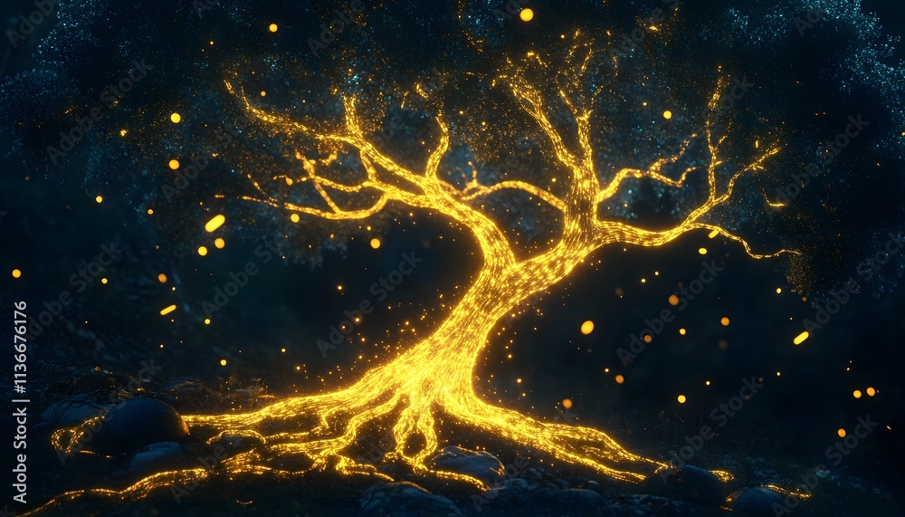 Poster Glowing Mystical Tree with Shimmering Leaves and Roots Illuminating the Darkness in Enchanted Forest Landscape