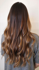 Fototapeta premium Young caucasian female with long wavy brown hair in soft curls
