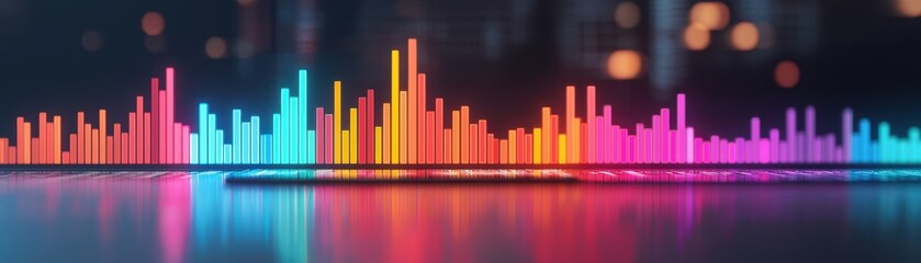 Fototapeta premium A vibrant sound wave visualization displaying colorful bars representing audio levels against a blurred background.