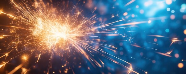 A vibrant burst of light and energy, showcasing sparks and glowing particles against a blue backdrop, creating a dynamic and captivating visual effect.