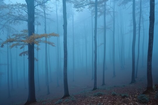 Misty forest landscape with tall trees in fog during early morning hours