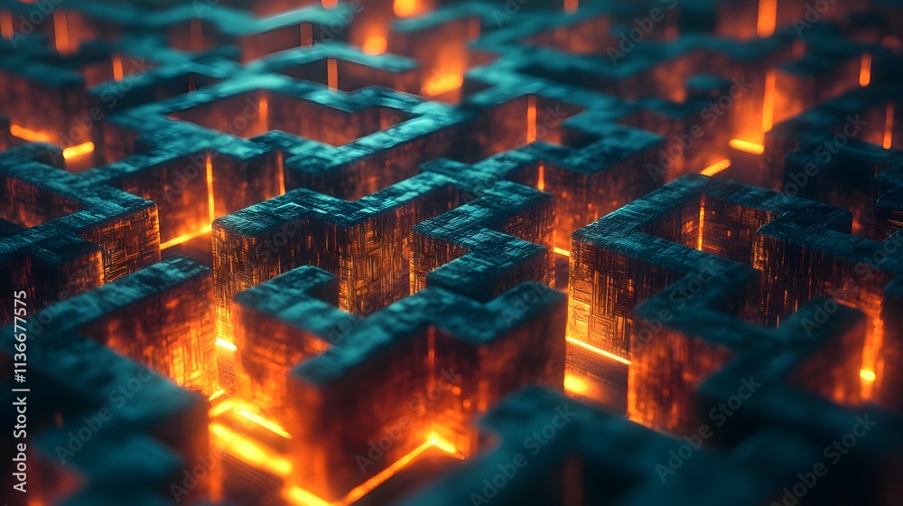 Poster intricate maze with glowing orange highlights and textured blue walls, capturing a sense of depth an